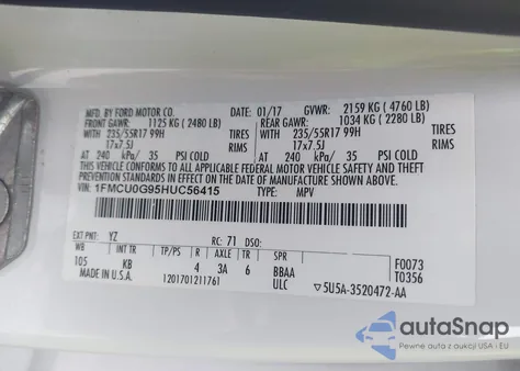 2017 Ford Escape Se из США, поврежденный, VIN 1FMCU0G95HUC56415